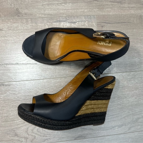 Authentic Fendi Leather Pequin Slingback Espadrille Wedges Size 39 - Picture 8 of 10